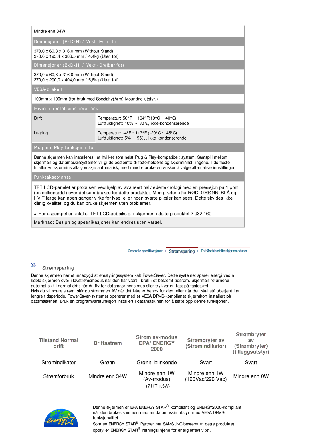 Samsung MJ17BSTSQ/EDC, MJ17ASKN/EDC, MJ17ASTS/EDC Strømsparing, Merknad Design og spesifikasjoner kan endres uten varsel 