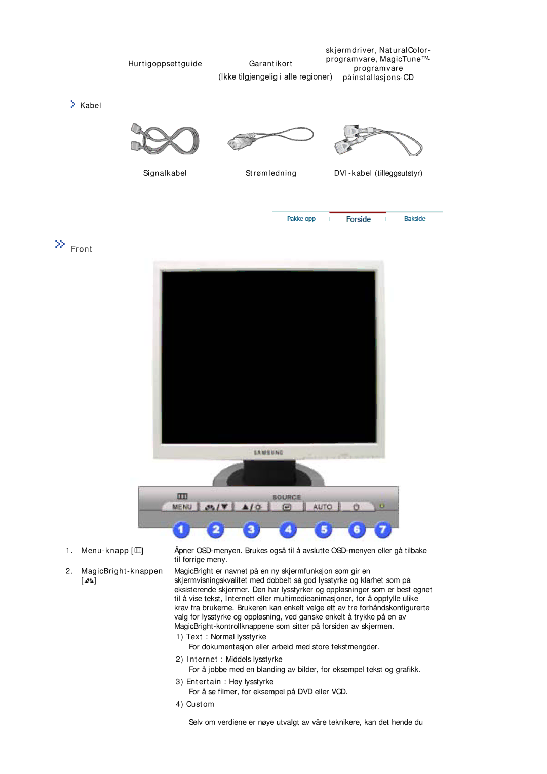 Samsung MJ17ASKS/EDC manual Front, Hurtigoppsettguide Garantikort, Kabel Signalkabel Strømledning DVI-kabel tilleggsutstyr 