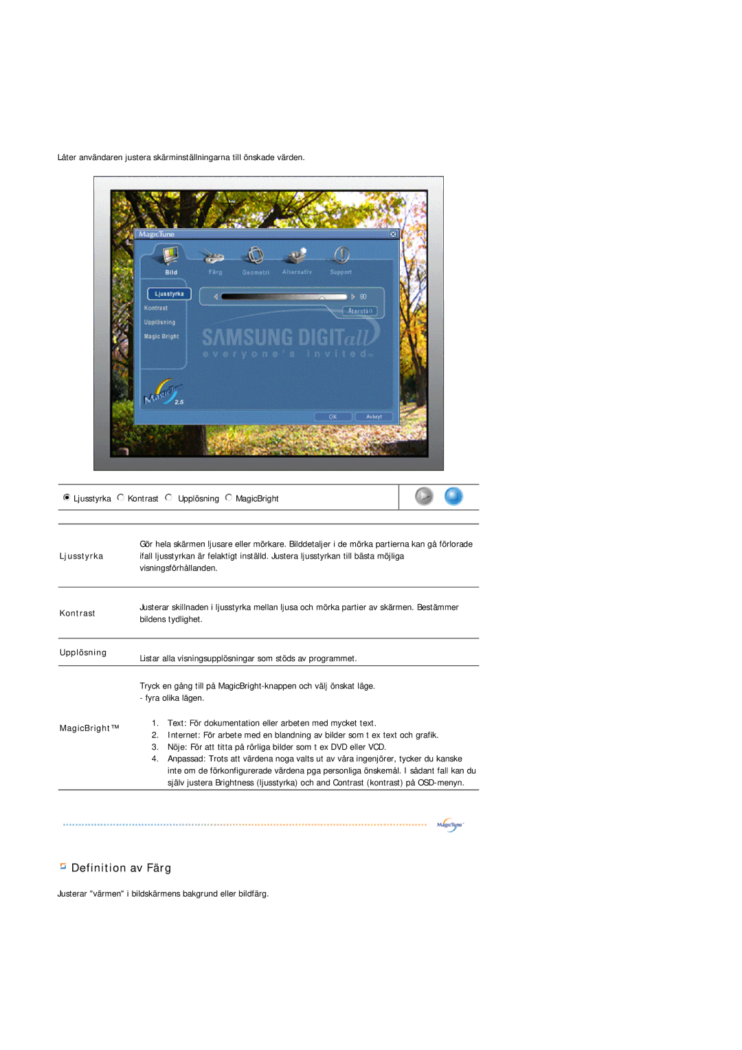 Samsung MJ17ASTS/EDC, MJ17ASKN/EDC, MJ17ASKS/EDC, MJ17BSTSQ/EDC, MJ15ASKS/EDC, MJ17ASAS/EDC Definition av Färg, Ljusstyrka 