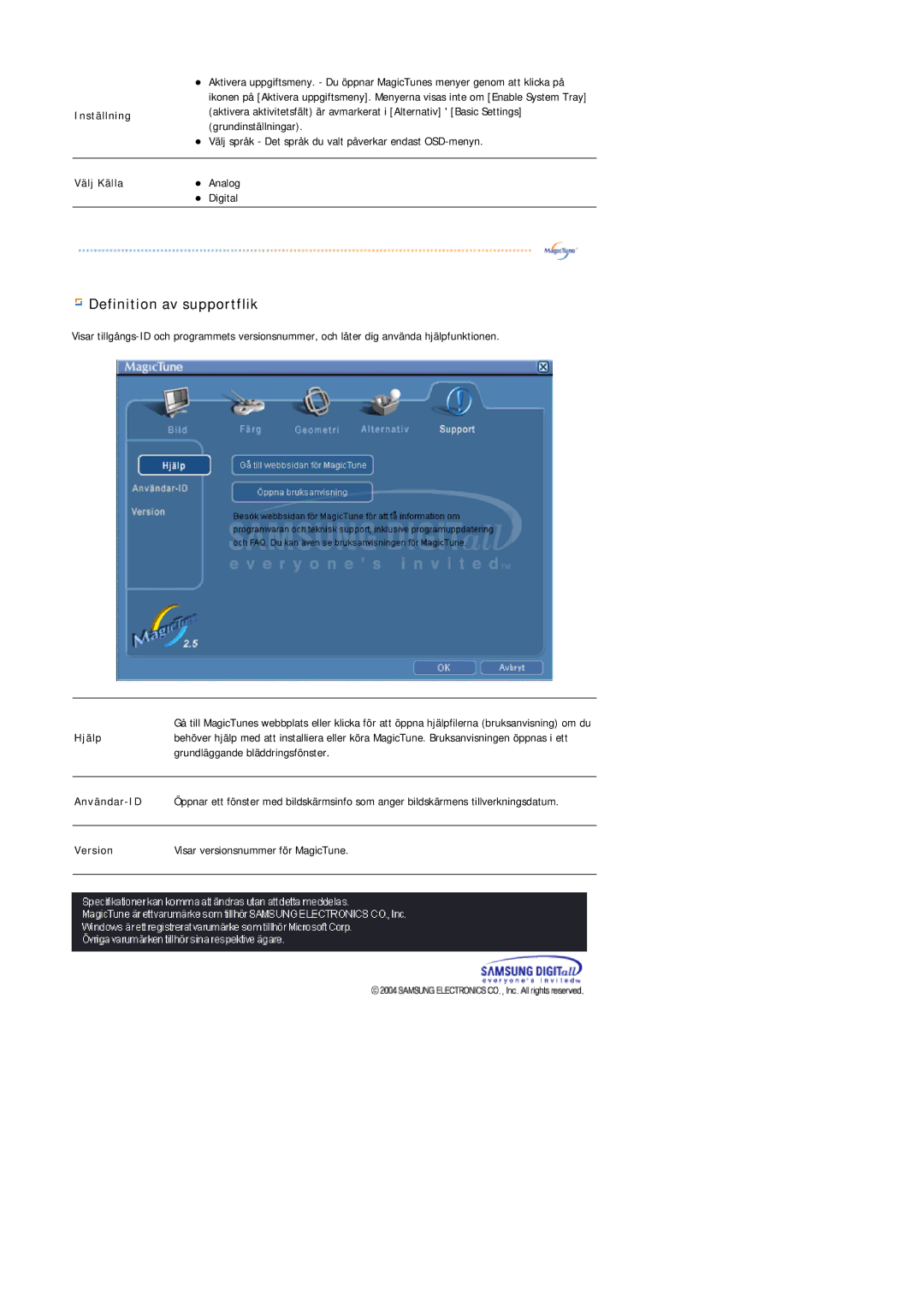 Samsung MJ15ASKS/EDC, MJ17ASKN/EDC, MJ17ASTS/EDC, MJ17ASKS/EDC, MJ17BSTSQ/EDC manual Definition av supportflik, Inställning 