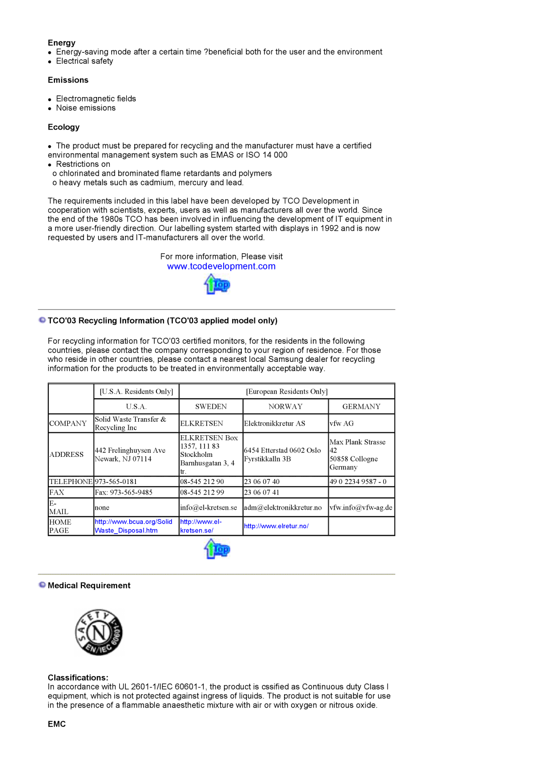 Samsung MJ17BSTSQ/EDC, MJ17ASKN/EDC manual Energy, Emissions, Ecology, TCO03 Recycling Information TCO03 applied model only 