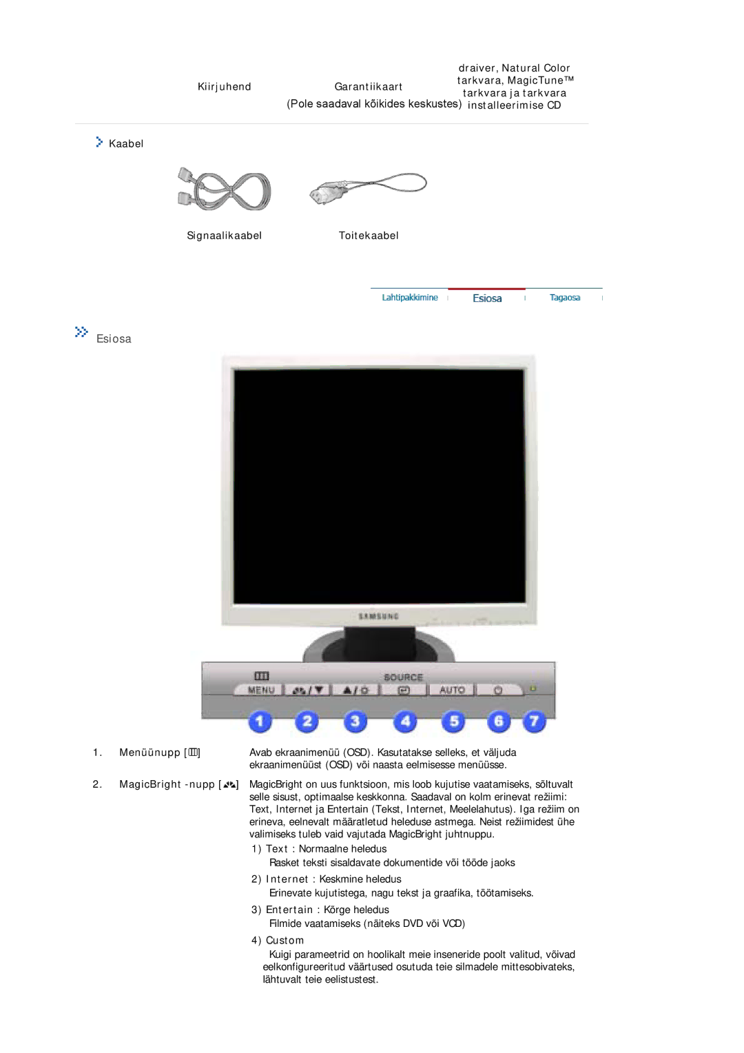 Samsung MJ15ASKN/EDC, MJ17ASKN/EDC, MJ17ASTS/EDC, MJ17ASKS/EDC, MJ17BSTSQ/EDC manual Esiosa, Kaabel SignaalikaabelToitekaabel 