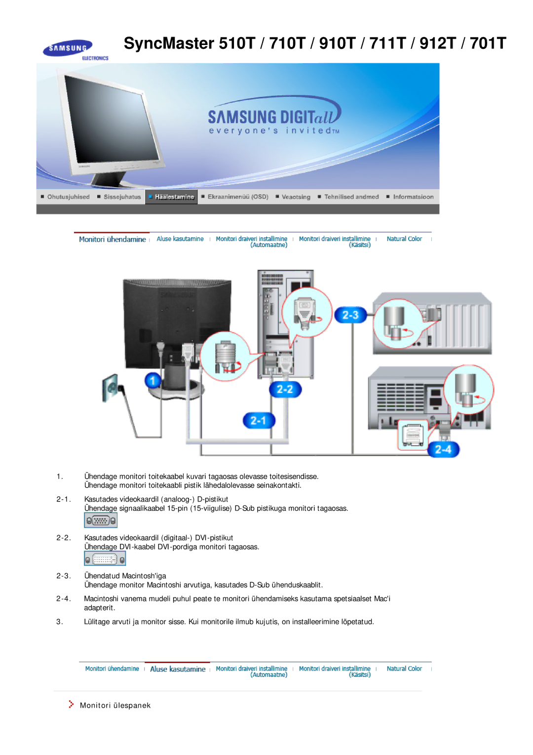 Samsung MJ17ASKB/EDC, MJ17ASKN/EDC, MJ17ASTS/EDC, MJ17ASKS/EDC, MJ17BSTSQ/EDC, MJ15ASKS/EDC, MJ15ASKN/EDC Monitori ülespanek 