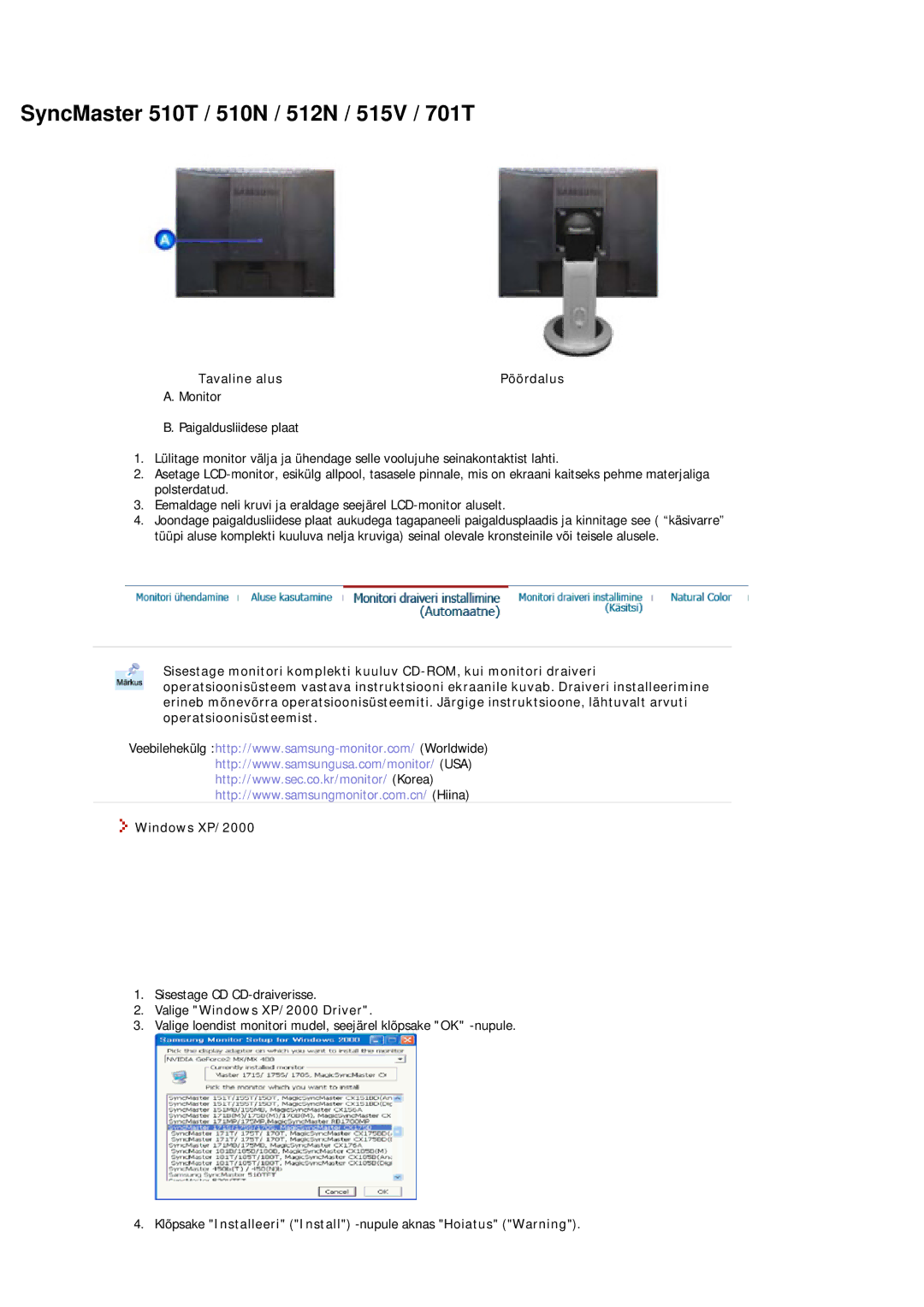 Samsung MJ17ASKS/EDC, MJ17ASKN/EDC, MJ17ASTS/EDC, MJ17BSTSQ/EDC, MJ15ASKS/EDC Tavaline alus, Valige Windows XP/2000 Driver 