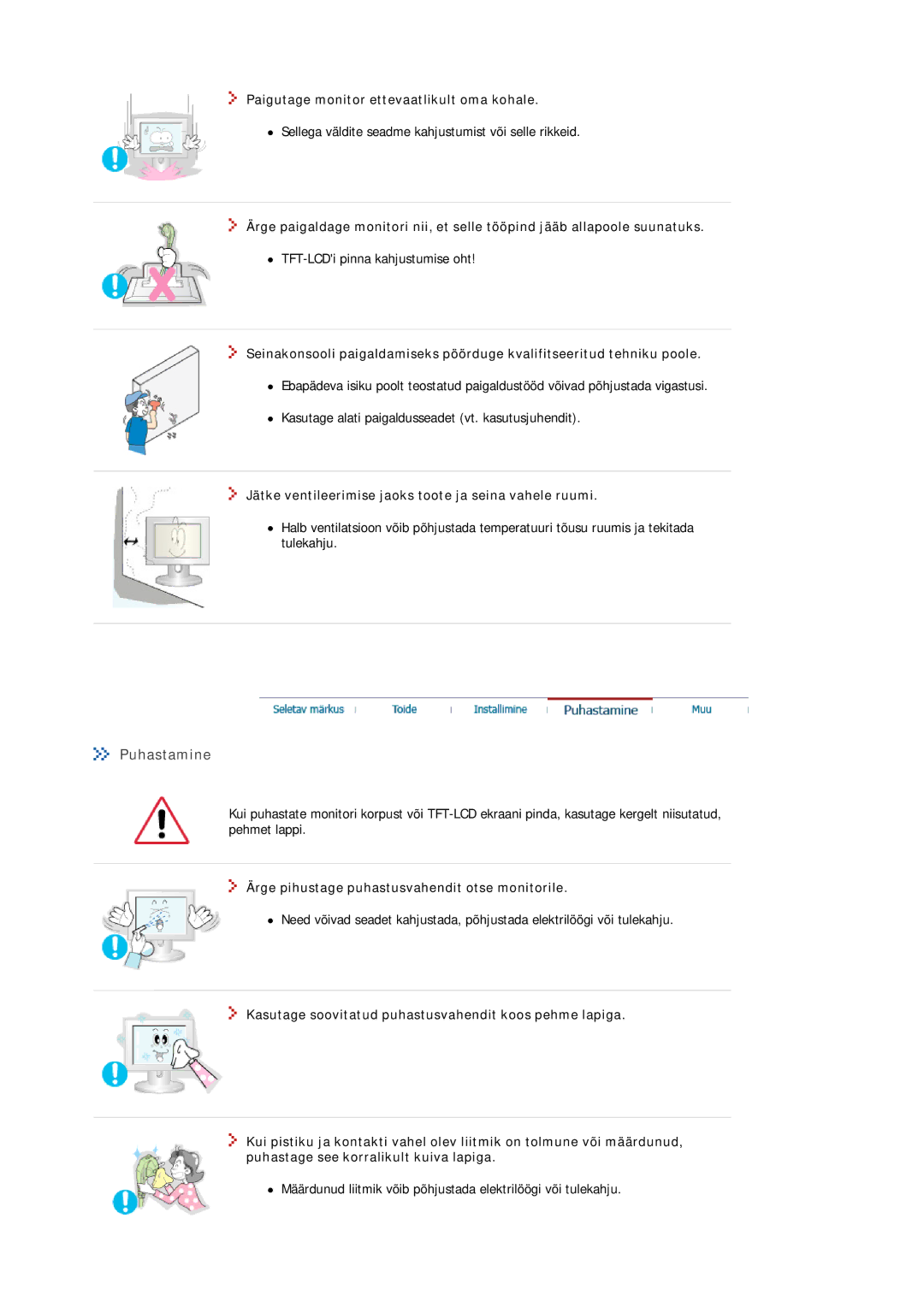 Samsung MJ15ASKS/EDC, MJ17ASKN/EDC, MJ17ASTS/EDC, MJ17ASKS/EDC manual Puhastamine, Paigutage monitor ettevaatlikult oma kohale 