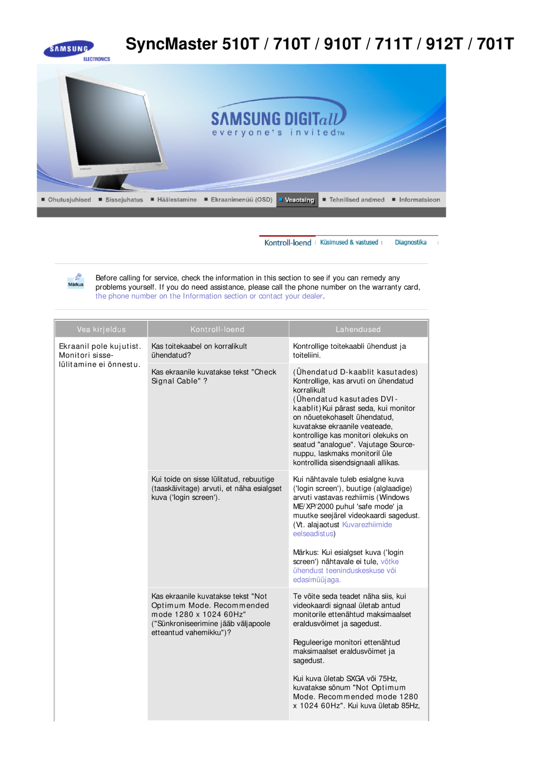 Samsung MJ17BSTSQ/EDC, MJ17ASKN/EDC, MJ17ASTS/EDC manual Monitori sisse- ühendatud? lülitamine ei õnnestu, Signal Cable ? 