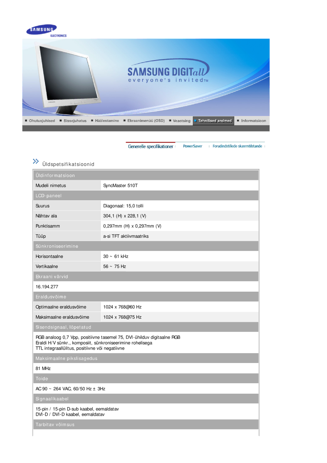 Samsung MJ15ASKS/EDC, MJ17ASKN/EDC, MJ17ASTS/EDC, MJ17ASKS/EDC, MJ17BSTSQ/EDC, MJ15ASKN/EDC Mudeli nimetus SyncMaster 510T 