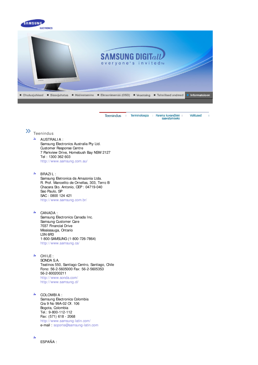 Samsung MJ17ASKS/EDC, MJ17ASKN/EDC, MJ17ASTS/EDC, MJ17BSTSQ/EDC, MJ15ASKS/EDC, MJ15ASKN/EDC manual Teenindus, Australia Brazil 