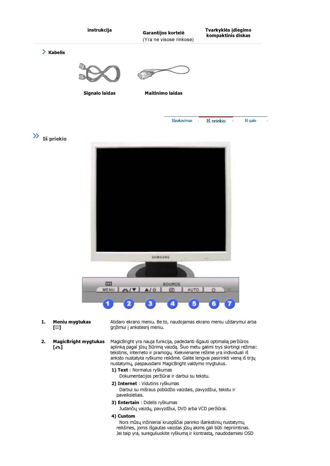 Samsung MJ15ASKN/EDC, MJ17ASKN/EDC, MJ17ASTS/EDC, MJ17ASKS/EDC manual Instrukcija Garantijos kortelė, Kabelis Signalo laidas 