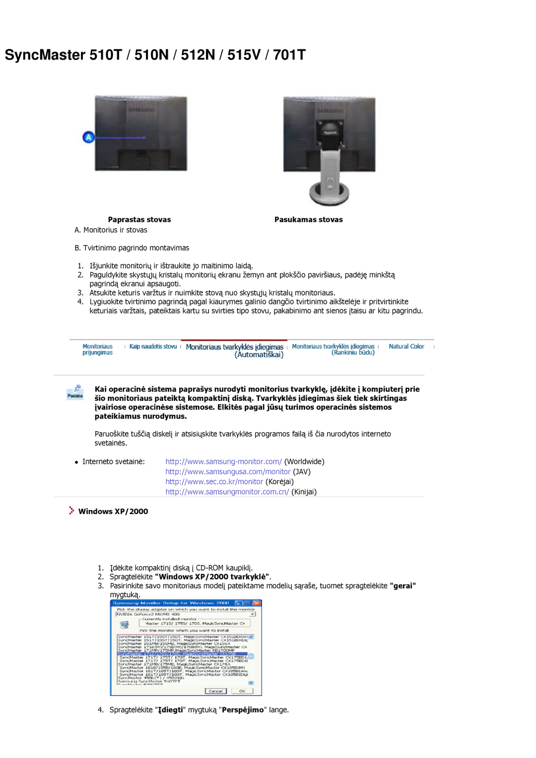 Samsung MJ17ASKS/EDC, MJ17ASKN/EDC, MJ17ASTS/EDC, MJ15ASKS/EDC Paprastas stovas, Spragtelėkite Windows XP/2000 tvarkyklė 