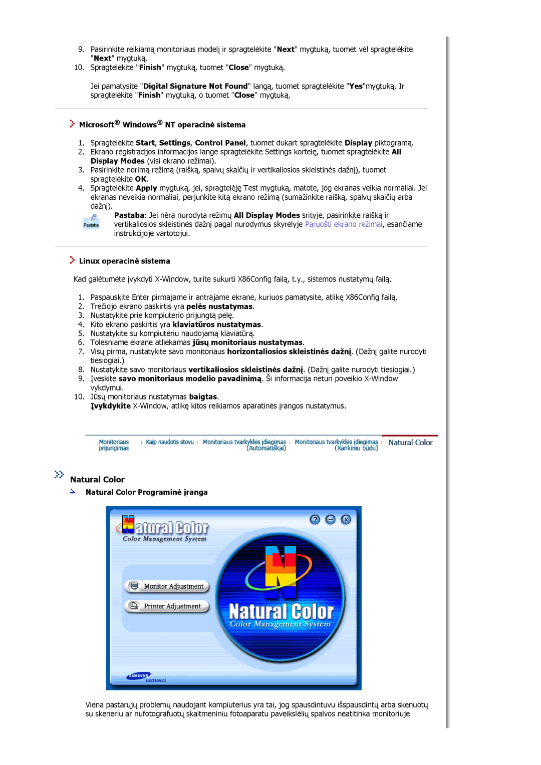 Samsung MJ17BSTSD/EDC, MJ17ASKN/EDC manual Natural Color, Microsoft Windows NT operacinė sistema, Linux operacinė sistema 