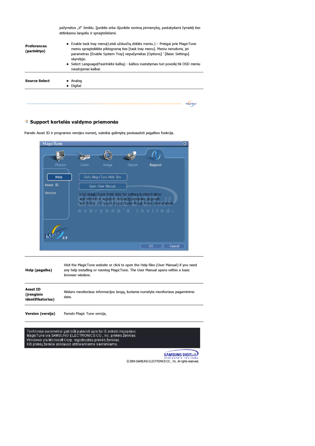 Samsung MJ17BSTSD/EDC, MJ17ASKN/EDC, MJ17ASTS/EDC, MJ17ASKS/EDC manual Support kortelės valdymo priemonės, Version versija 