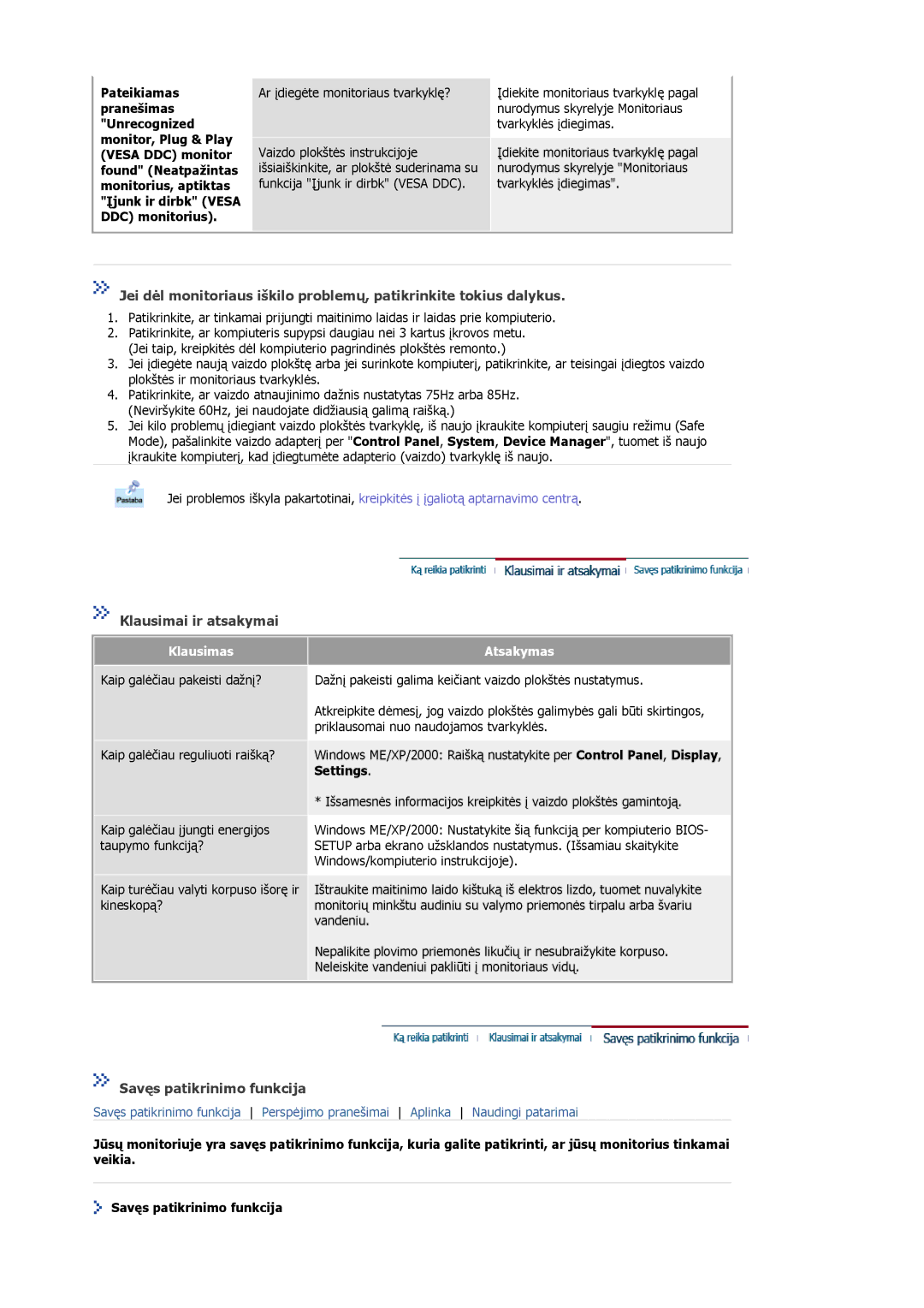 Samsung MJ15ASKN/EDC, MJ17ASKN/EDC, MJ17ASTS/EDC, MJ17ASKS/EDC manual Klausimai ir atsakymai, Savęs patikrinimo funkcija 