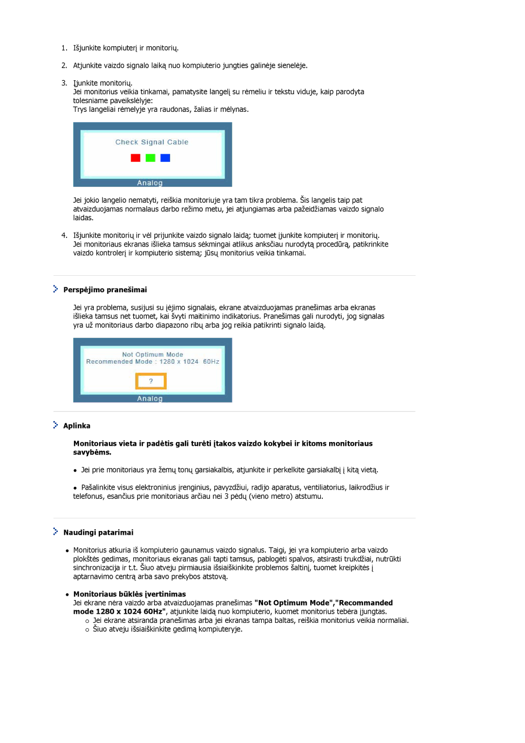 Samsung MJ17BSTSD/EDC, MJ17ASKN/EDC, MJ17ASTS/EDC Perspėjimo pranešimai, Naudingi patarimai, Monitoriaus būklės įvertinimas 