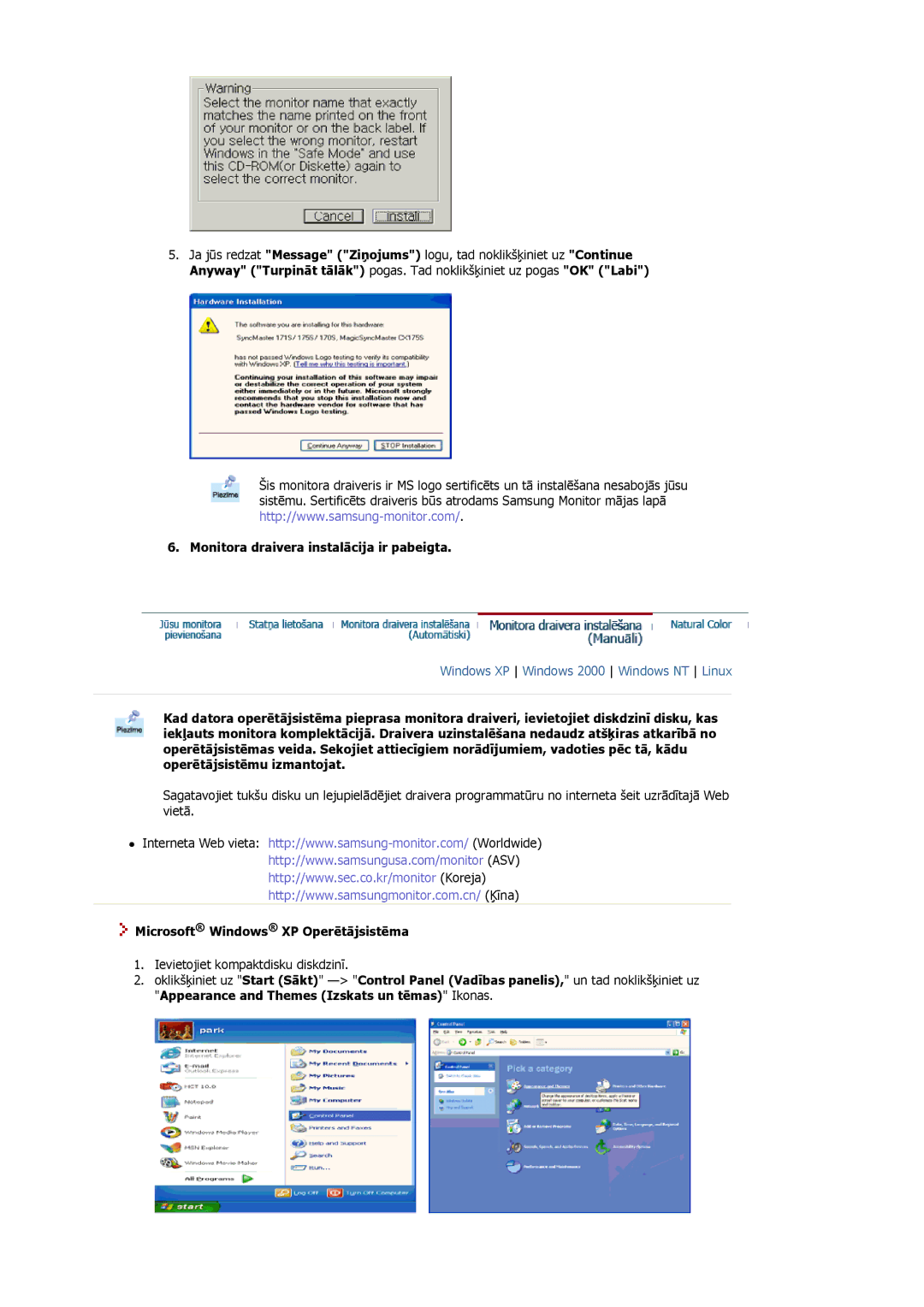 Samsung MJ17BSTSQ/EDC, MJ17ASKN/EDC manual Monitora draivera instalācija ir pabeigta, Microsoft Windows XP Operētājsistēma 