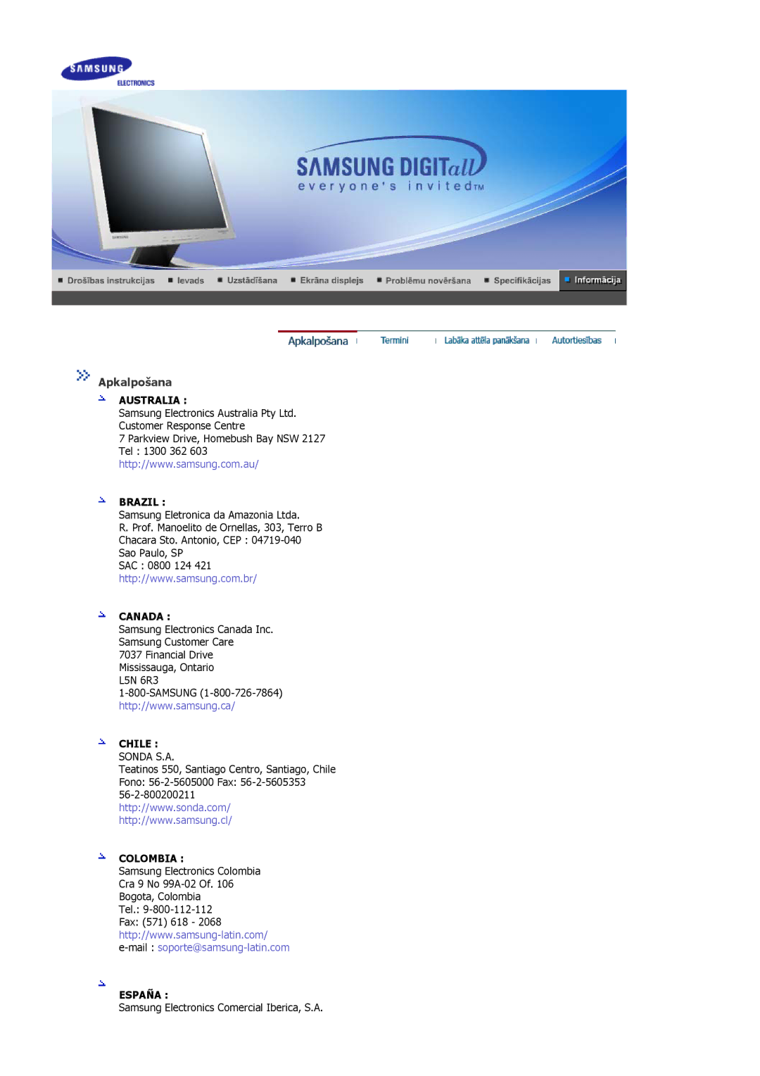 Samsung MJ15ASKS/EDC, MJ17ASKN/EDC, MJ17ASTS/EDC, MJ17ASKS/EDC, MJ17BSTSQ/EDC, MJ15ASKN/EDC manual Apkalpošana, Australia Brazil 