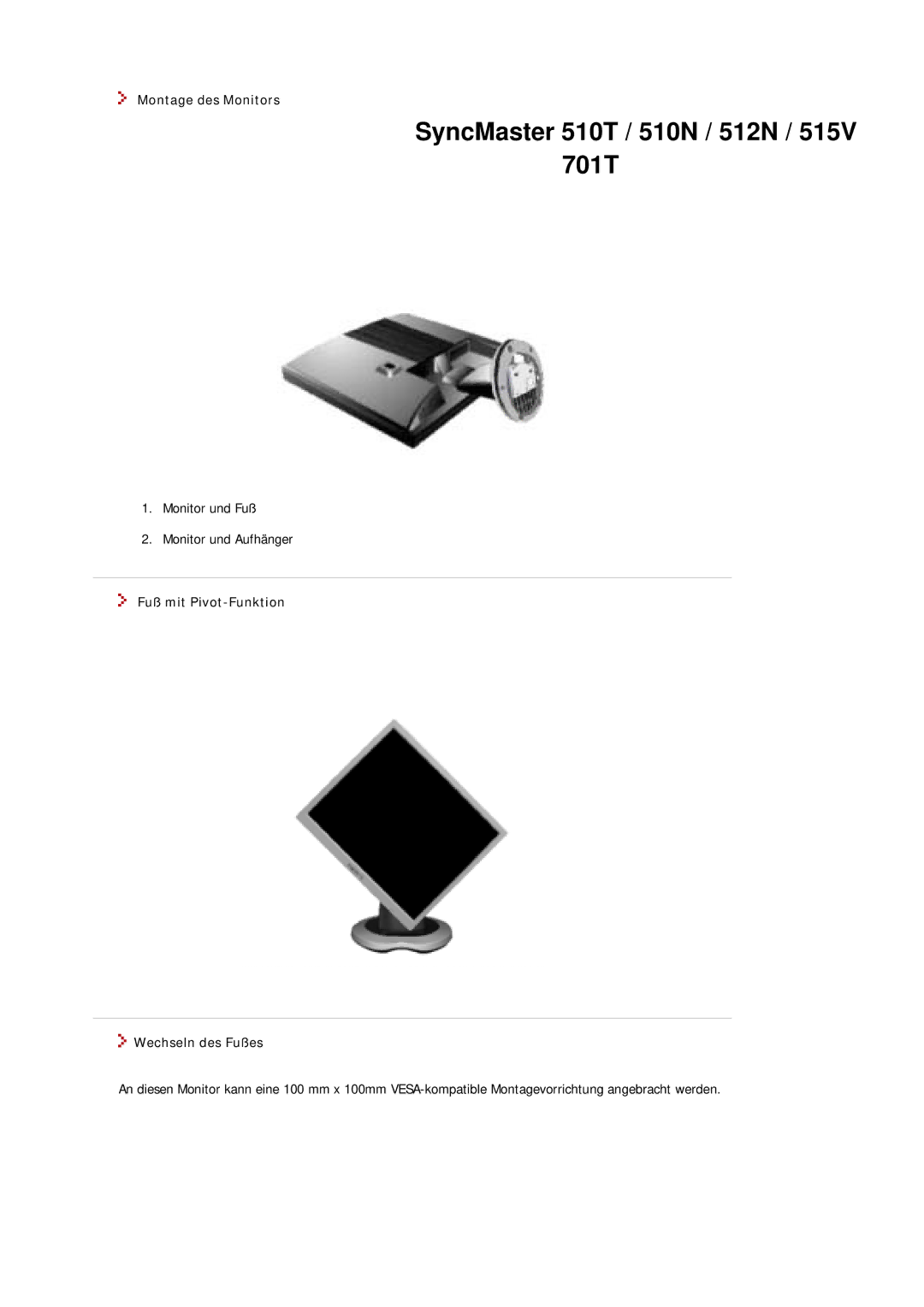 Samsung MJ17ASAS/EDC, MJ17ASKN/EDC, MJ17BSKSQ/EDC manual Montage des Monitors, Fuß mit Pivot-Funktion Wechseln des Fußes 