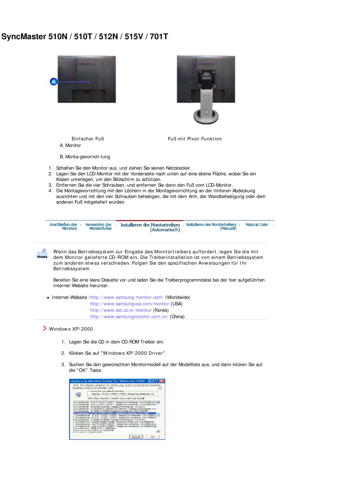 Samsung MJ17ASSS/EDC, MJ17ASKN/EDC, MJ17BSKSQ/EDC, MJ17ASSN/EDC Einfacher Fuß, Klicken Sie auf Windows XP/2000 Driver 