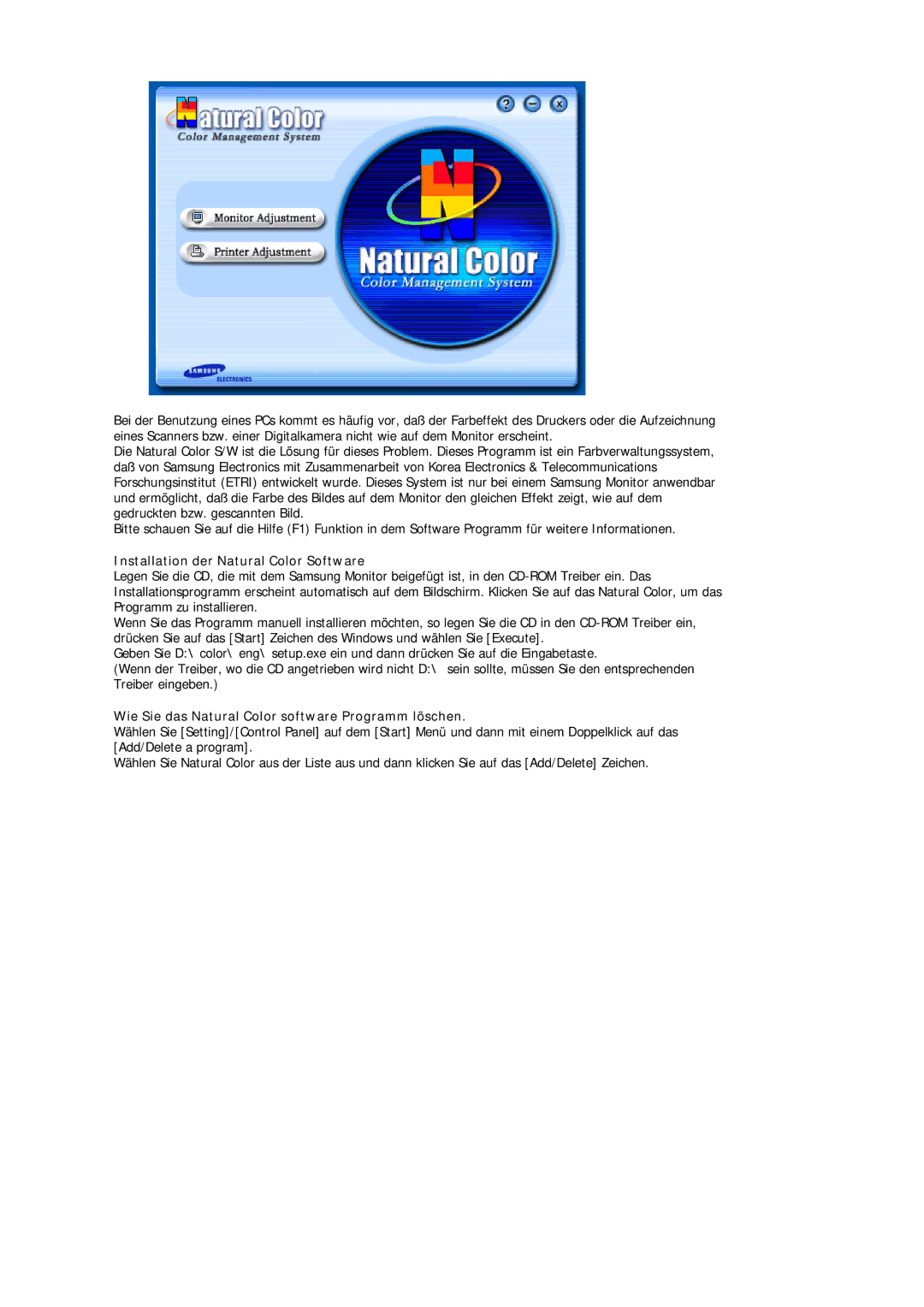 Samsung MJ17ASKS/EDC manual Installation der Natural Color Software, Wie Sie das Natural Color software Programm löschen 