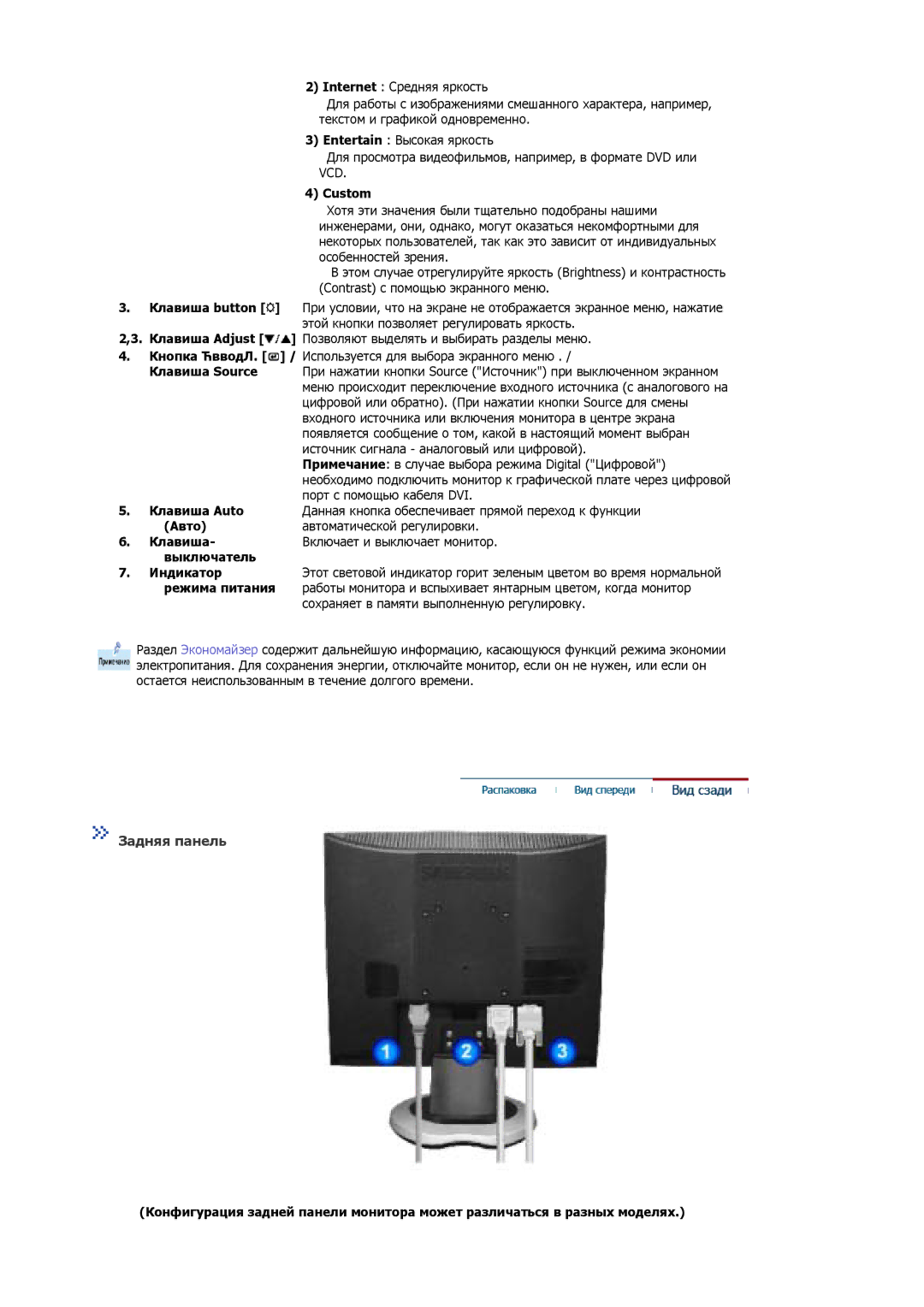 Samsung MJ17ASSS/EDC, MJ17ASKN/EDC, MJ17BSKSQ/EDC, MJ17ASSN/EDC, MJ17ASTS/EDC, MJ17ASKS/EDC, MJ17BSTSQ/EDC manual Задняя панель 