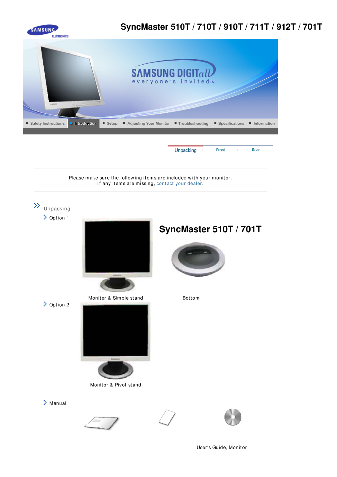 Samsung MJ17ASKS/EDC manual Unpacking, Moniter & Simple stand, Option Monitor & Pivot stand Manual Users Guide, Monitor 