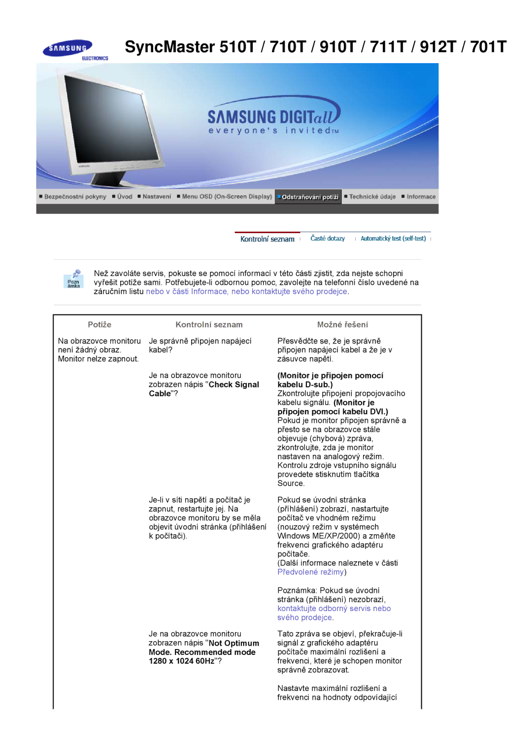 Samsung MJ15BSSS/EDC manual Cable?, Mode. Recommended mode 1280 x 1024 60Hz?, Monitor je připojen pomocí kabelu D-sub 