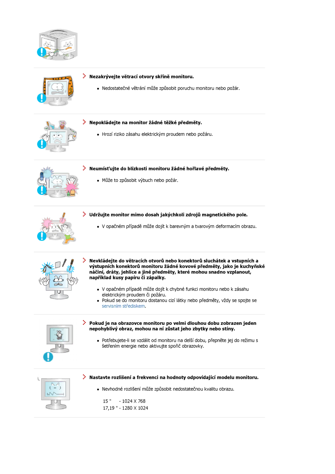 Samsung MJ17BSTSQ/EDC manual Nezakrývejte větrací otvory skříně monitoru, Nepokládejte na monitor žádné těžké předměty 