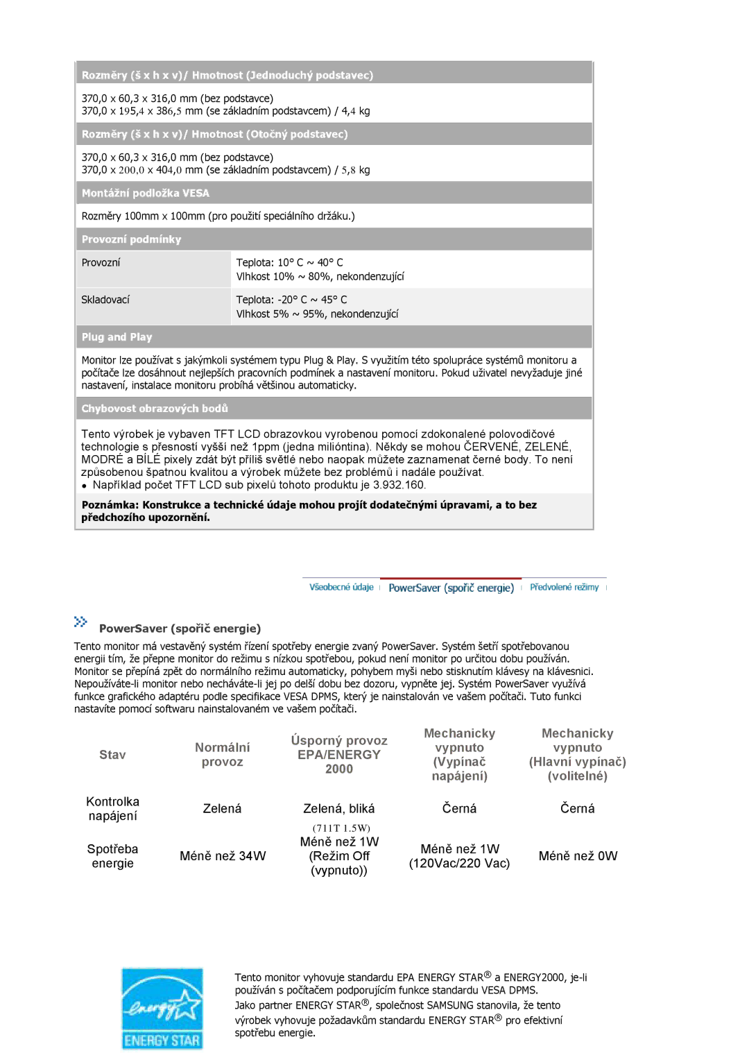 Samsung MJ15ASKN/EDC, MJ17ASKN/EDC manual PowerSaver spořič energie, Rozměry š x h x v/ Hmotnost Jednoduchý podstavec 