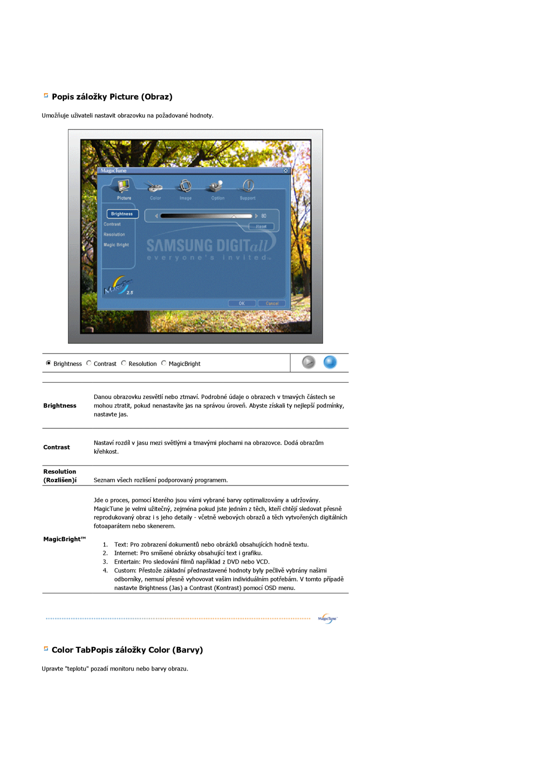 Samsung MJ15ASSN/EDC Popis záložky Picture Obraz, Color TabPopis záložky Color Barvy, Brightness, Contrast, Resolution 