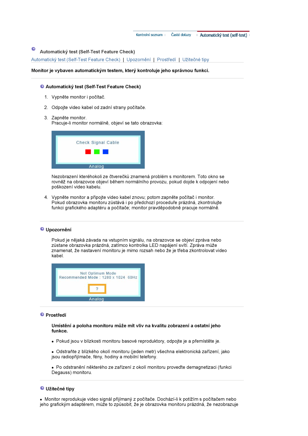 Samsung MJ19ASAS/EDC, MJ17ASKN/EDC manual Automatický test Self-Test Feature Check, Upozornění, Prostředí, Užitečné tipy 