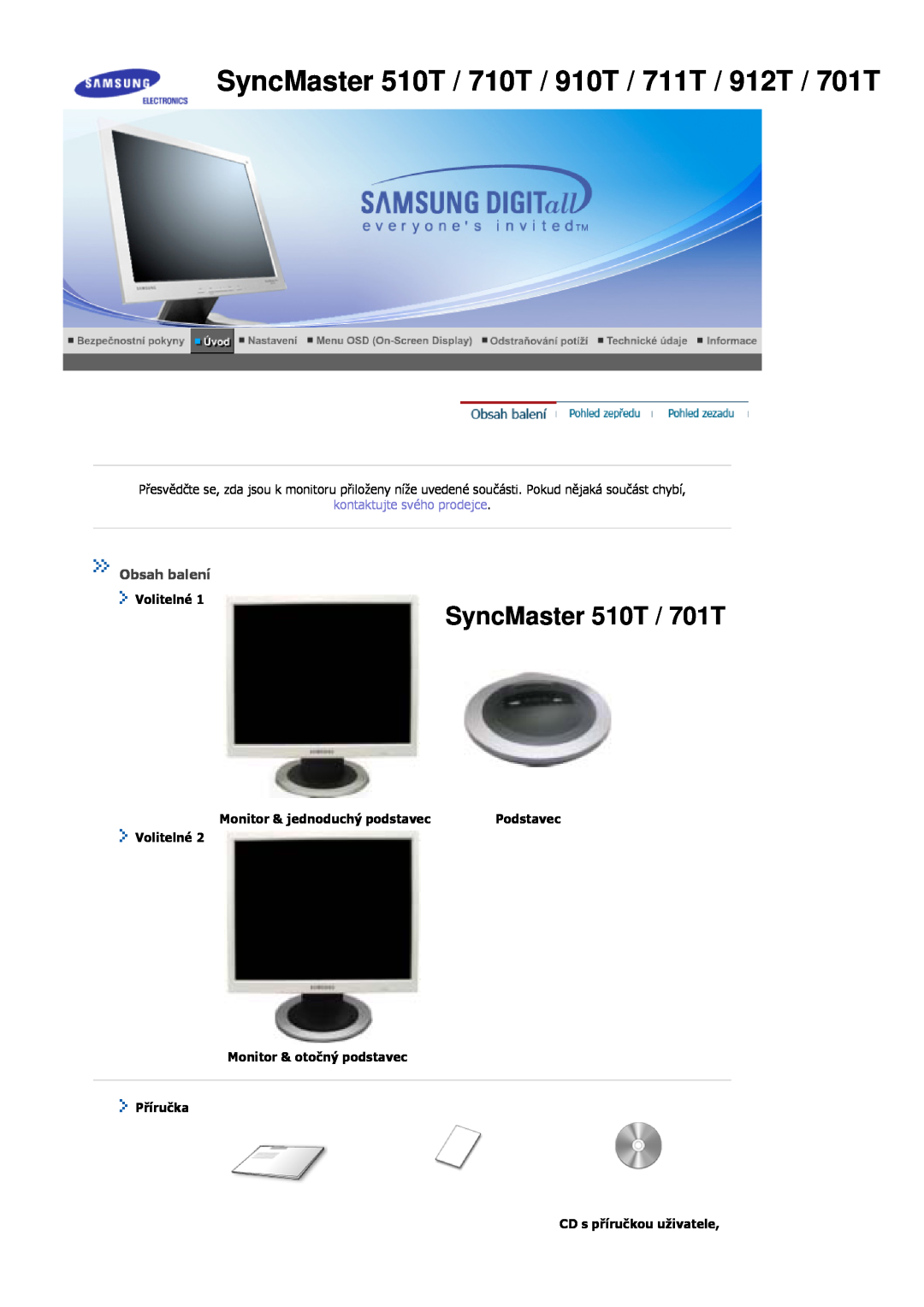 Samsung MJ15ASSS/EDC SyncMaster 510T / 710T / 910T / 711T / 912T / 701T, SyncMaster 510T / 701T, Obsah balení, Volitelné 