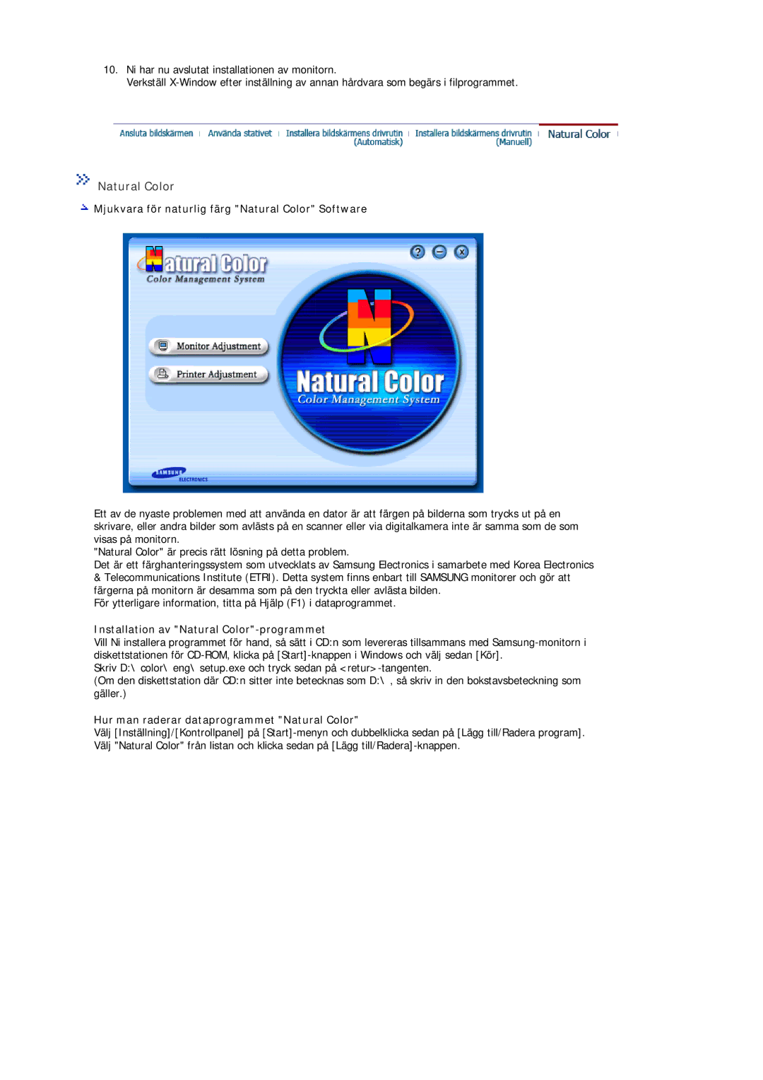 Samsung MJ19BSTBV/EDC Mjukvara för naturlig färg Natural Color Software, Installation av Natural Color-programmet 