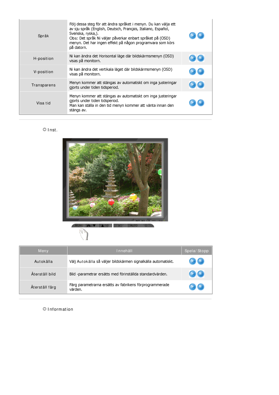 Samsung MJ15BSKS/EDC manual Inst, Information, Språk Position Transparens Visa tid, Autokälla Återställ bild Återställ färg 