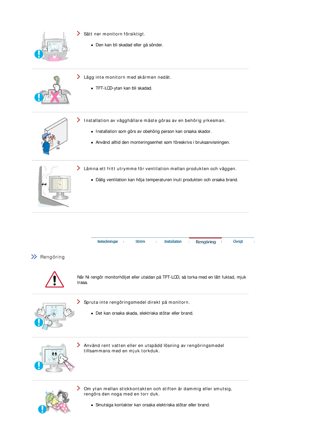 Samsung MJ19ASKS/EDC, MJ17ASKN/EDC manual Rengöring, Sätt ner monitorn försiktigt, Lägg inte monitorn med skärmen nedåt 