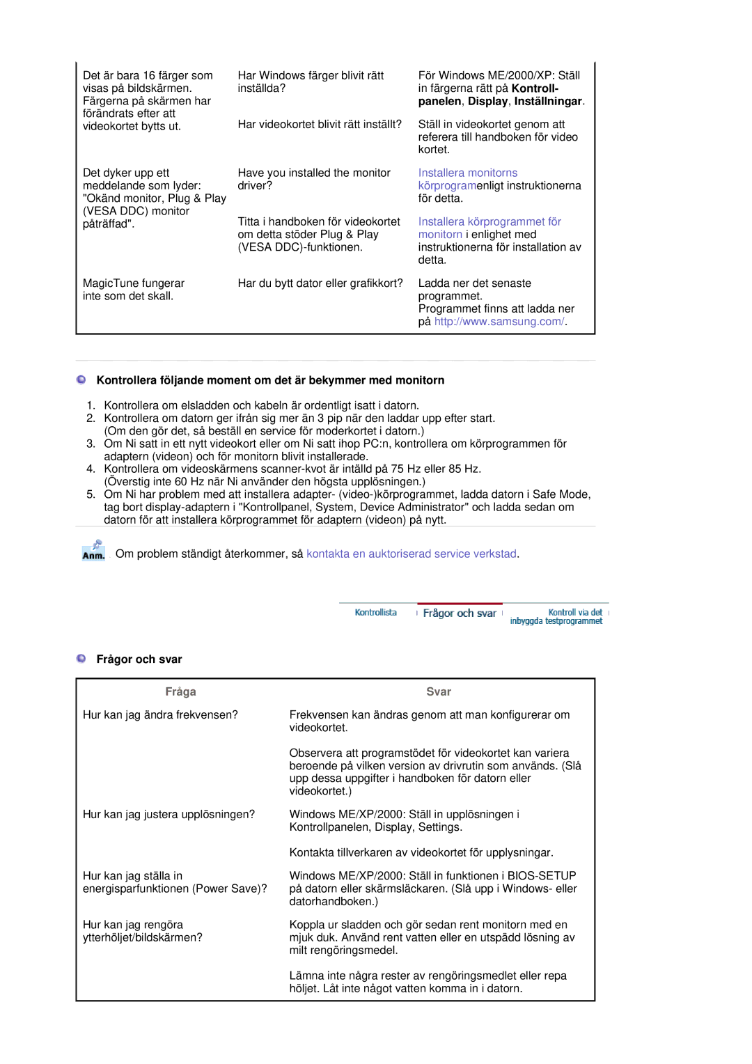 Samsung MJ19BSASQ/EDC, MJ17ASKN/EDC manual Kontrollera följande moment om det är bekymmer med monitorn, Frågor och svar 