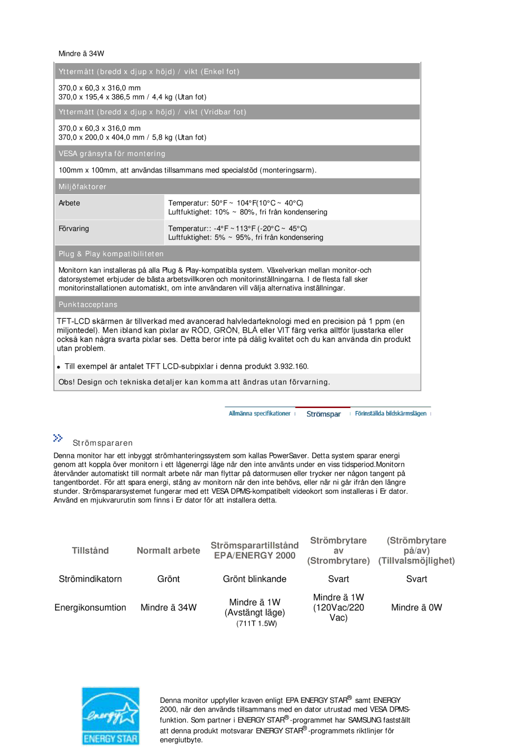 Samsung MJ15BSKS/EDC, MJ17ASKN/EDC, MJ19BSTBV/EDC, MJ17ASTS/EDC, MJ17ASKS/EDC, MJ19ASKS/EDC manual Strömspararen, Miljöfaktorer 