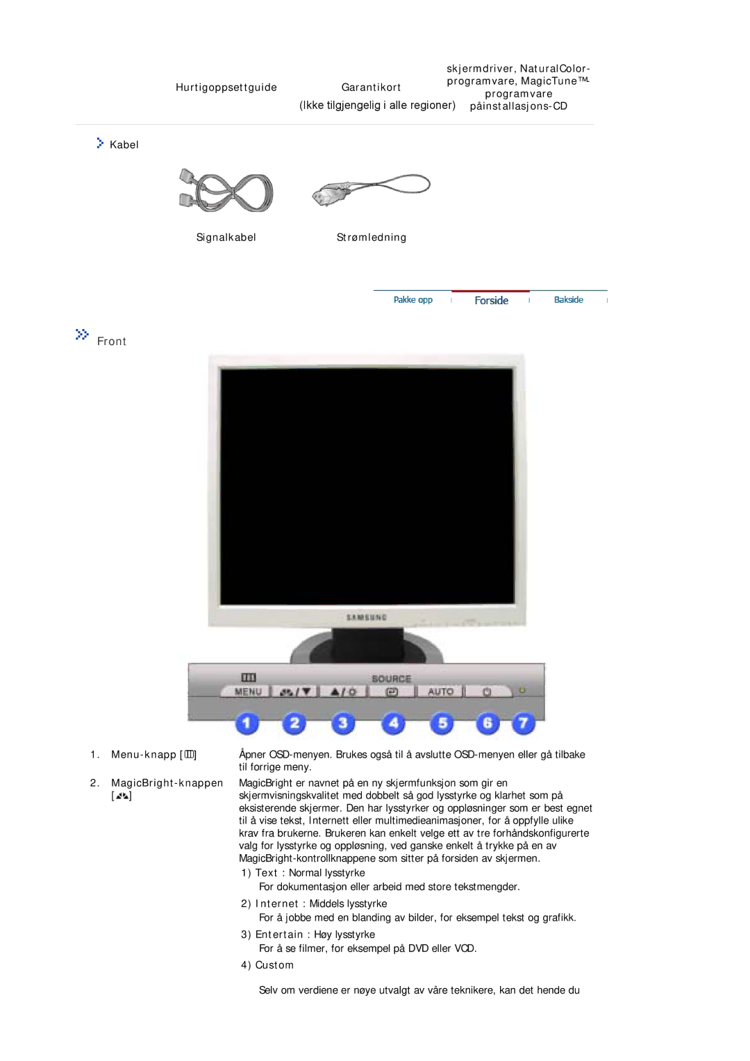 Samsung MJ17ASTS/EDC, MJ17ASKN/EDC, MJ19BSTBV/EDC manual Hurtigoppsettguide Garantikort, Kabel SignalkabelStrømledning 