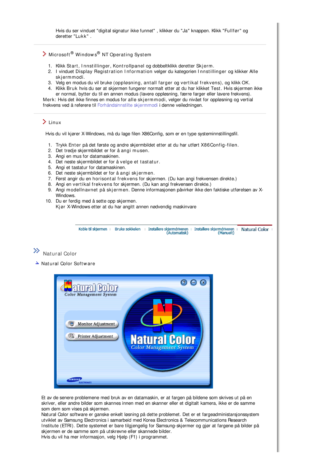 Samsung MJ17ASKN/EDC, MJ19BSTBV/EDC, MJ17ASTS/EDC, MJ17ASKS/EDC, MJ19ASKS/EDC, MJ19BSTSQ/EDC Linux, Natural Color Software 