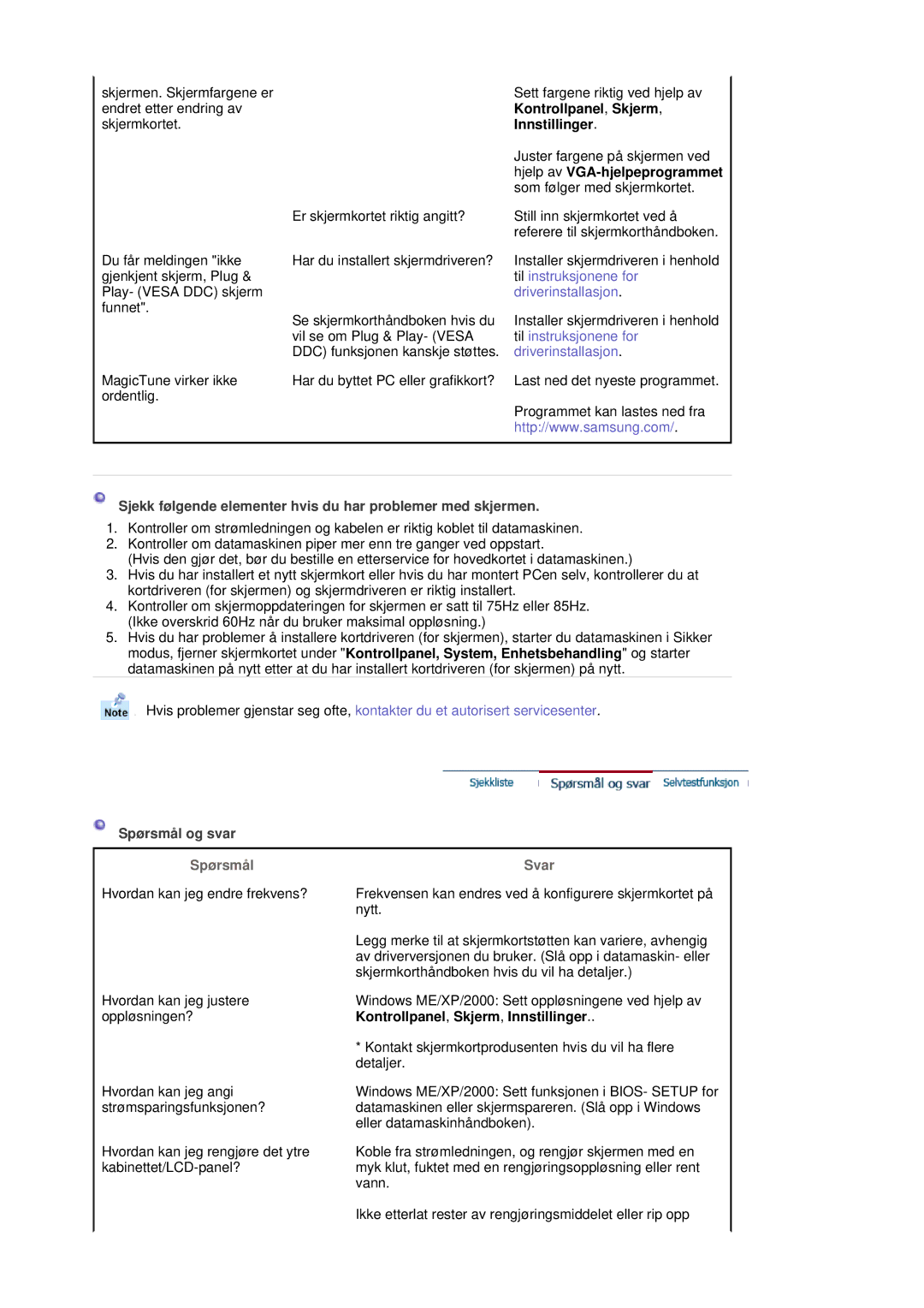 Samsung MJ19BSASQ/EDC, MJ17ASKN/EDC, MJ19BSTBV/EDC manual Kontrollpanel, Skjerm, Innstillinger, Hjelp av VGA-hjelpeprogrammet 