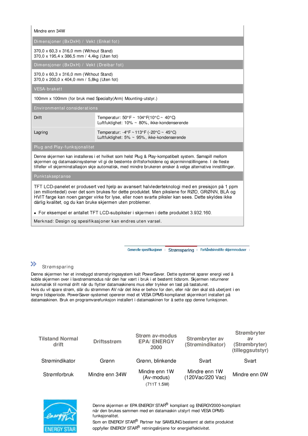 Samsung MJ15BSKS/EDC, MJ17ASKN/EDC, MJ19BSTBV/EDC Strømsparing, Merknad Design og spesifikasjoner kan endres uten varsel 