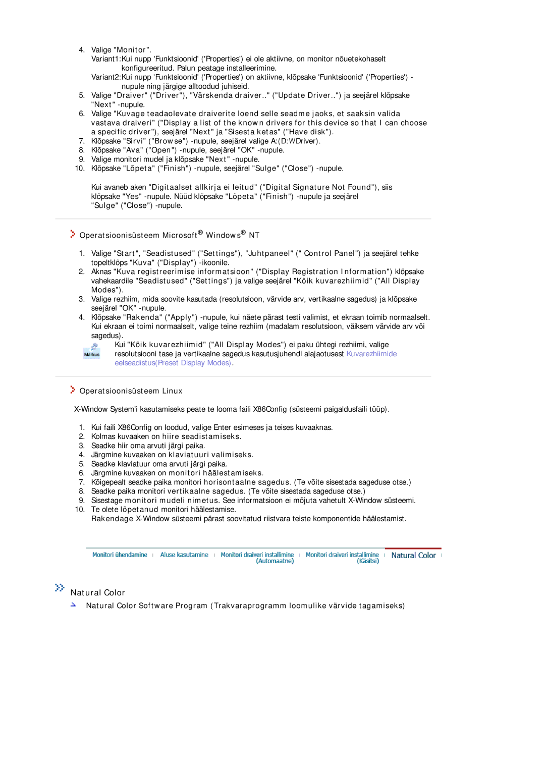 Samsung MJ19BSTSQ/EDC, MJ17ASKN/EDC, MJ19BSTBV/EDC, MJ17ASTS/EDC, MJ17ASKS/EDC manual Natural Color, Operatsioonisüsteem Linux 