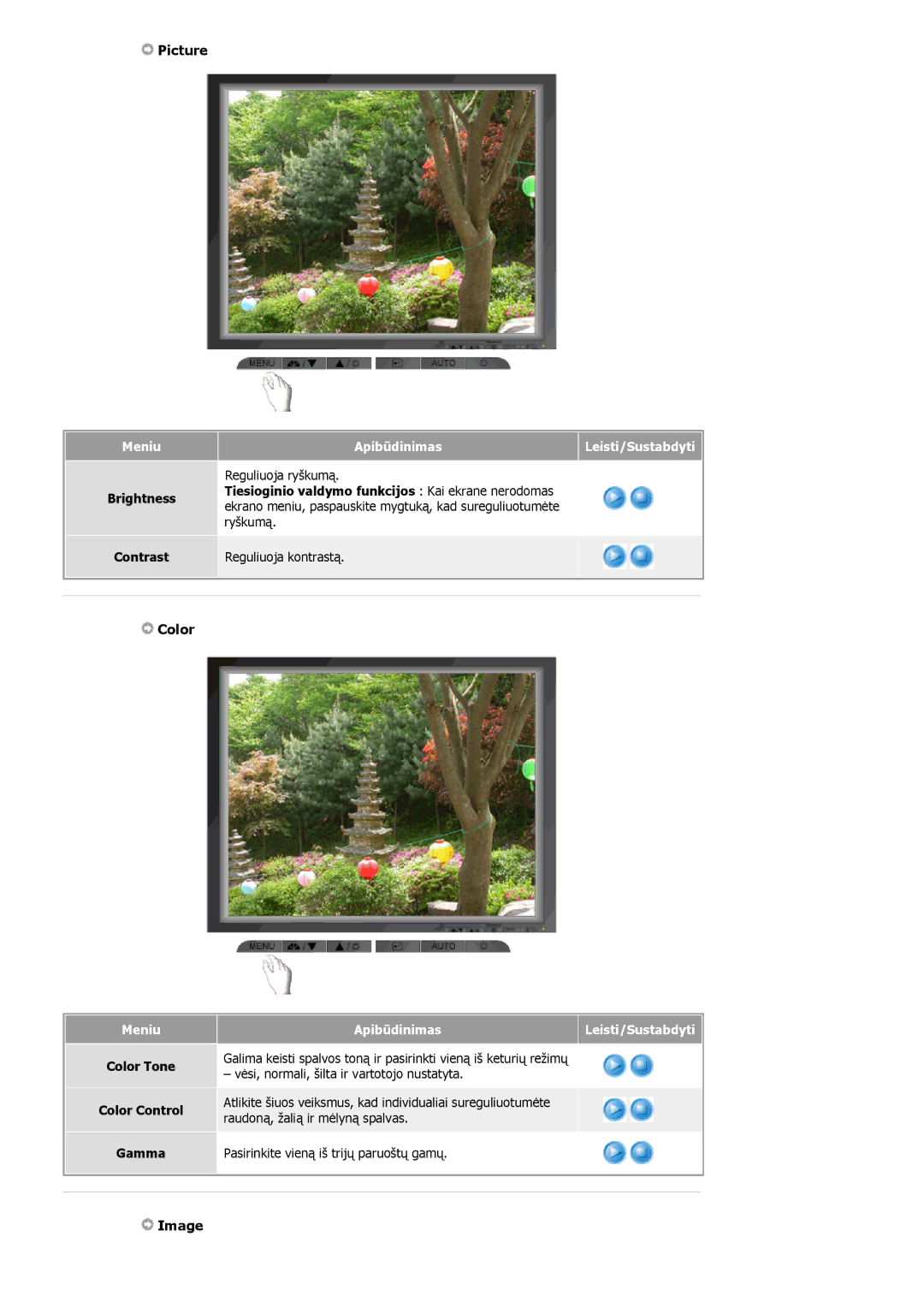 Samsung MJ17ASKN/EDC, MJ19BSTBV/EDC, MJ17ASTS/EDC manual Picture, Image, Brightness, Color Tone Color Control Gamma 