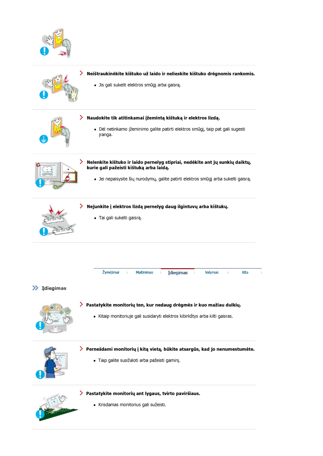 Samsung MJ17ASKS/EDC, MJ17ASKN/EDC, MJ19BSTBV/EDC manual Įdiegimas, Pastatykite monitorių ant lygaus, tvirto paviršiaus 