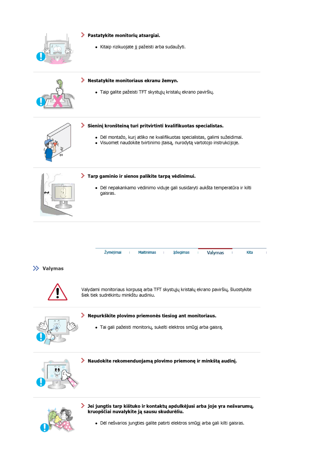 Samsung MJ19BSTSQ/EDC, MJ17ASKN/EDC manual Valymas, Pastatykite monitorių atsargiai, Nestatykite monitoriaus ekranu žemyn 