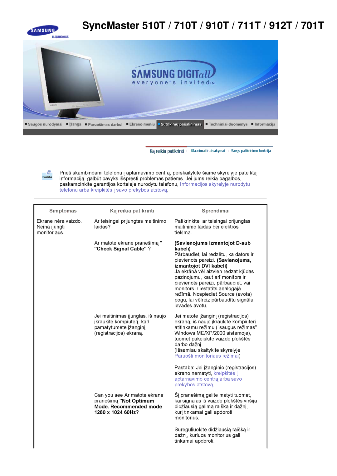 Samsung MJ15ASKS/EDC Check Signal Cable ?, Mode. Recommended mode 1280 x 1024 60Hz?, Savienojums izmantojot D-sub kabeli 