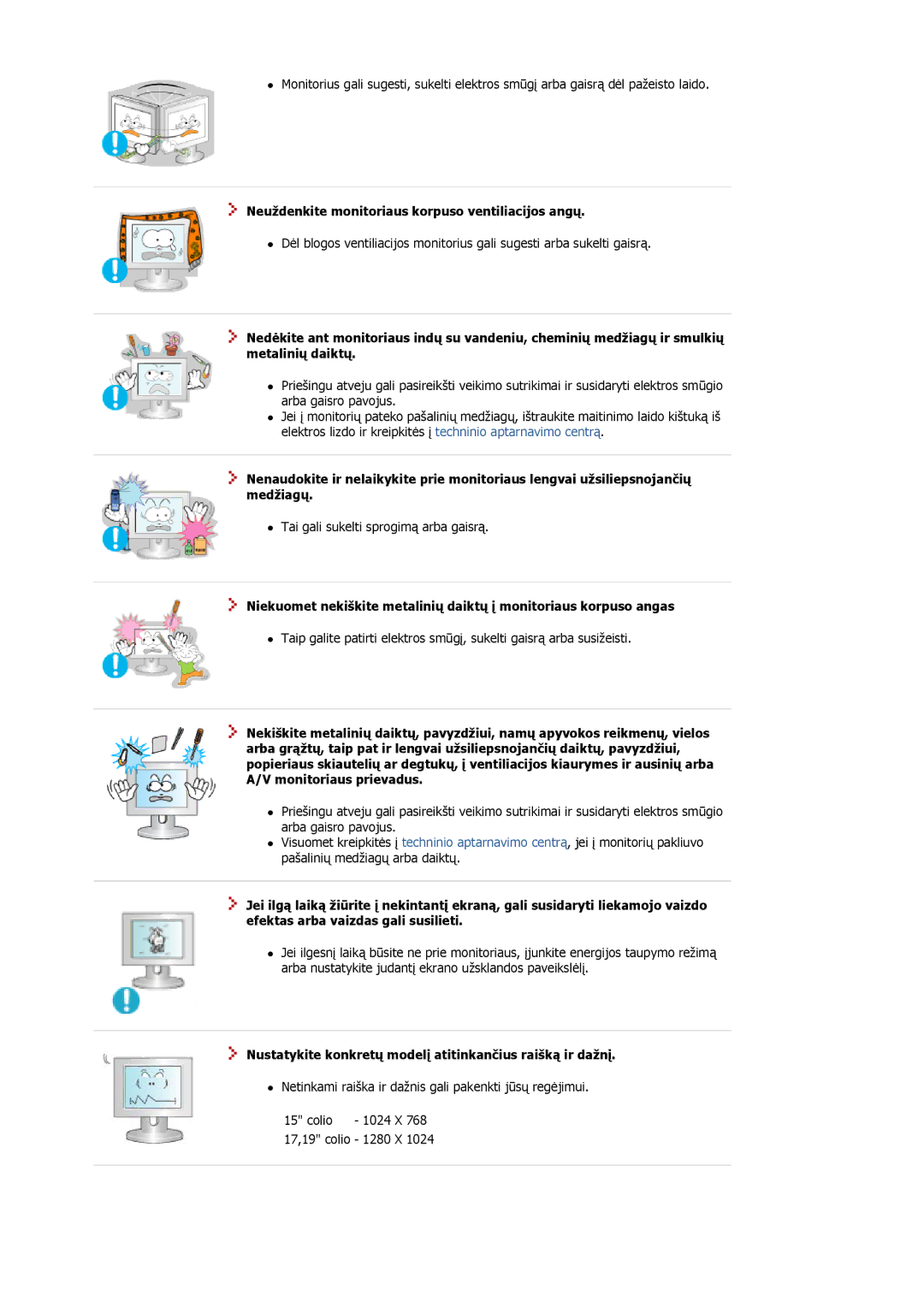 Samsung MJ15ASKS/EDC, MJ17ASKN/EDC, MJ19BSTBV/EDC, MJ17ASTS/EDC manual Neuždenkite monitoriaus korpuso ventiliacijos angų 