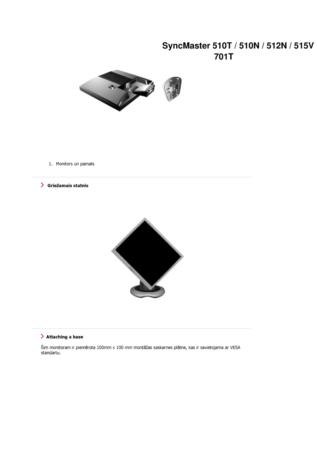 Samsung MJ17ASKB/EDC, MJ17ASKN/EDC manual SyncMaster 510T / 510N / 512N / 515V 701T, Griežamais statnis Attaching a base 