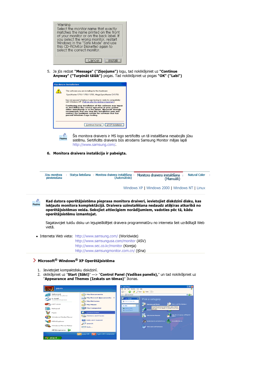 Samsung MJ19BSTBV/EDC, MJ17ASKN/EDC manual Monitora draivera instalācija ir pabeigta, Microsoft Windows XP Operētājsistēma 