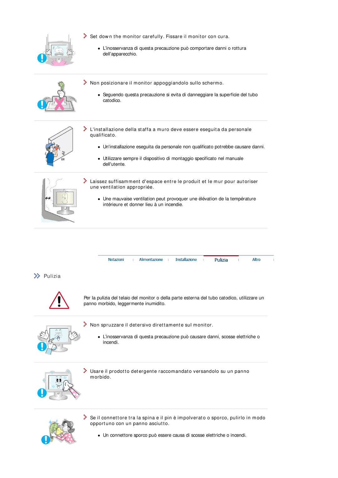 Samsung MJ17ASAS/EDC, MJ17ASKS/EDC, MJ17BSTSQ/EDC manual Pulizia, Set down the monitor carefully. Fissare il monitor con cura 