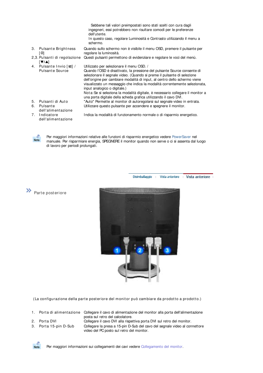 Samsung MJ17BSASQ/EDC, MJ17ASKS/EDC, MJ19ASKS/EDC, MJ19BSTSQ/EDC manual Parte posteriore, Regolare la luminosità, Porta DVI 